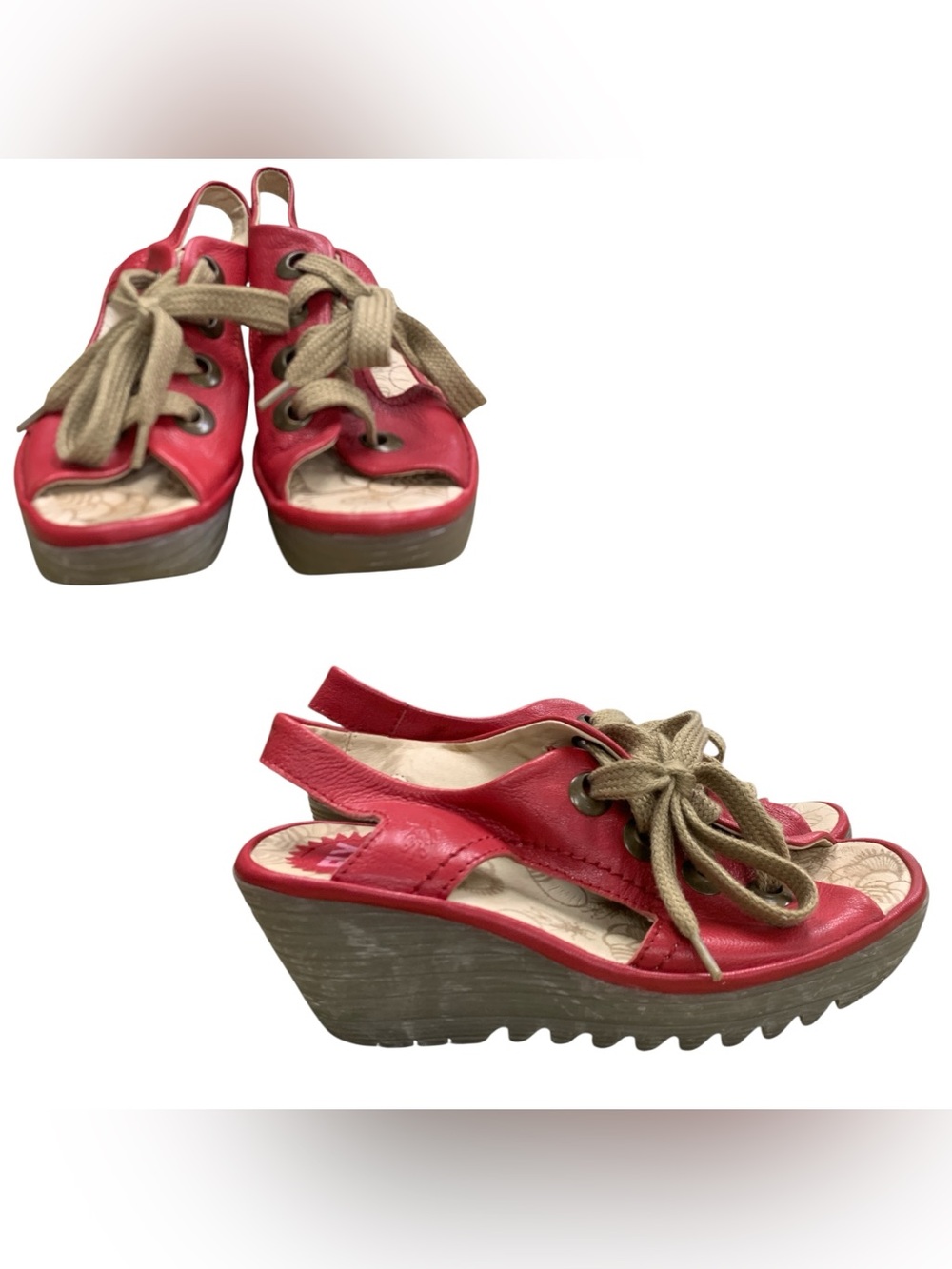 Fly London Red Leather Wedge Sandals with Tan Lace-Up S7